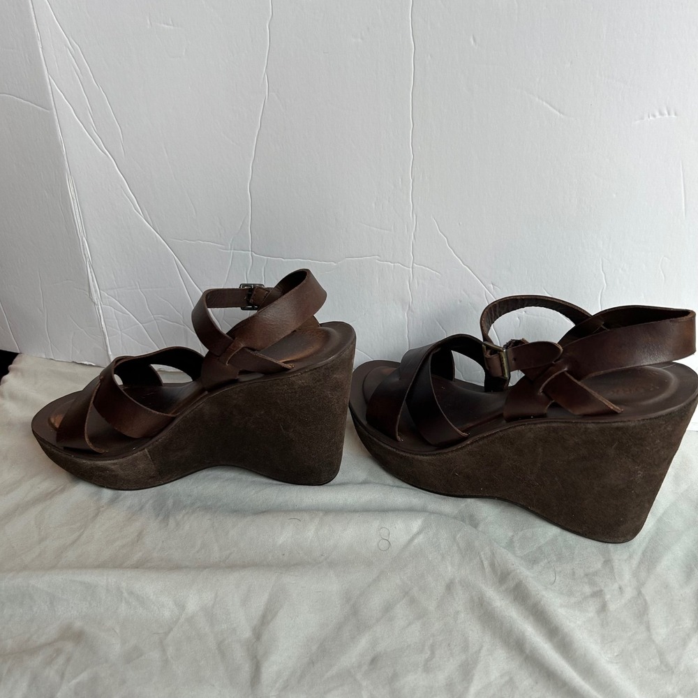 Kork-Ease Brown Leather Platform Wedge Sandals Suede Wrap Boho Retro Womens 8 - Picture 8 of 16